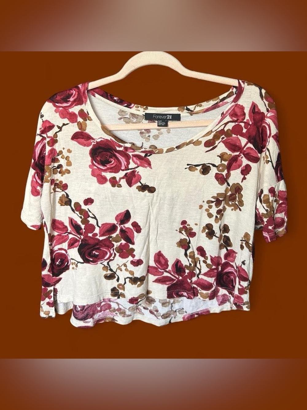 Forever 21 Cream Crop Top with Pink Rose and Brown Leaf Print